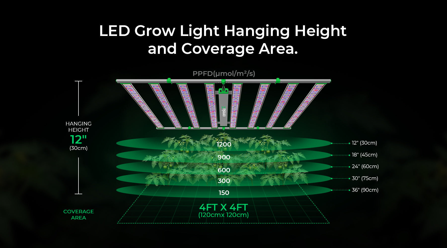 LED grow light hanging height guide showing optimal hanging height and PPFD coverage area.