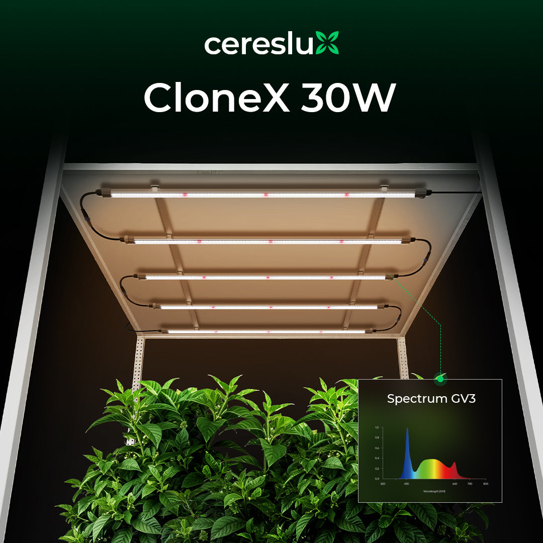 Clone X 30W Plant Professional Clone Growth Light Guide with lighting spectrum for optimal growth.