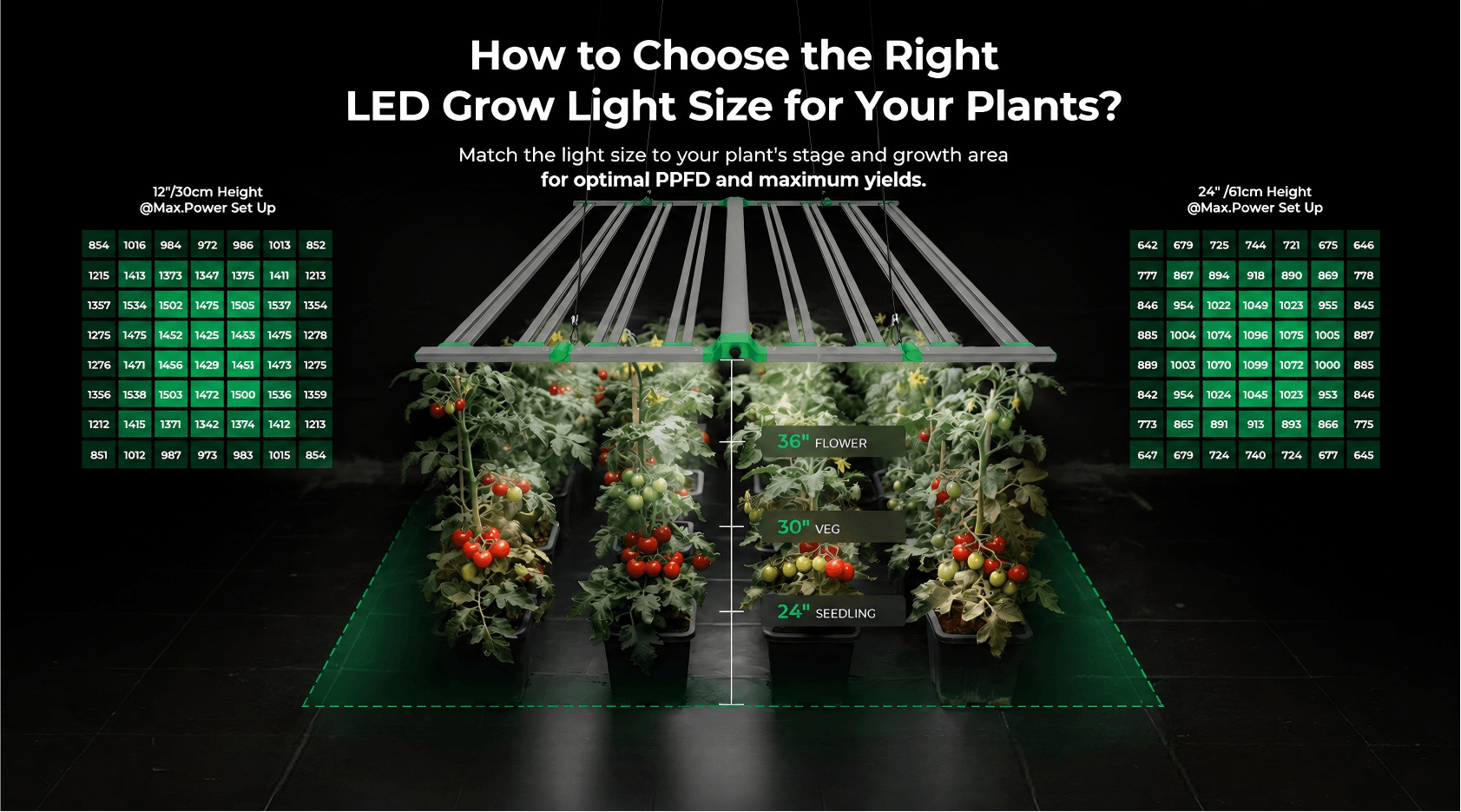 LED grow light size guide with height recommendations for optimal plant growth and light coverage.