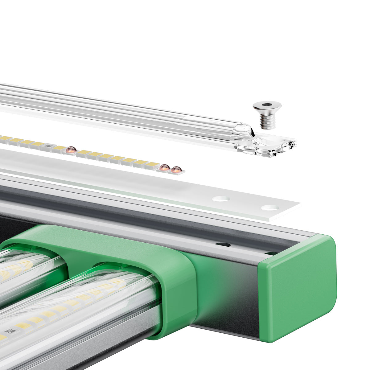 Close-up of CeresLux QuadRay 1000W LED grow light components and assembly parts.