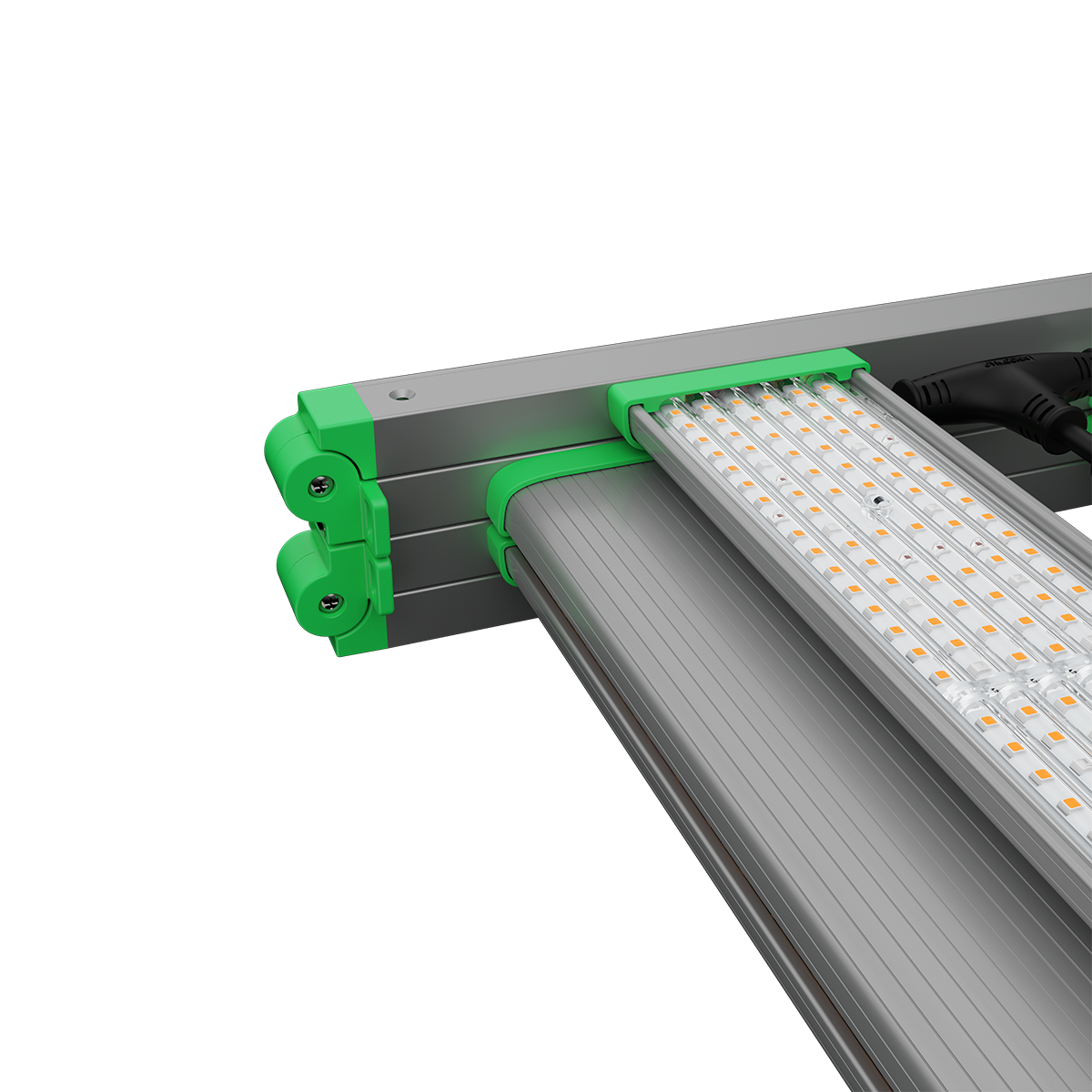 close-up view of Titan Series commercial LED grow light for flowering showing LED strip and aluminum housing