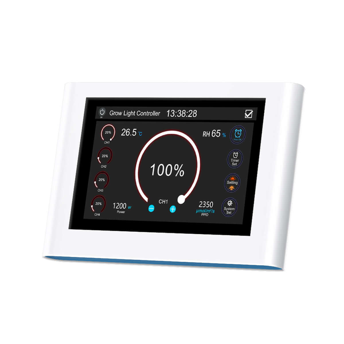 CeresLux LED grow light controller with timer displaying temperature, humidity, and control settings.