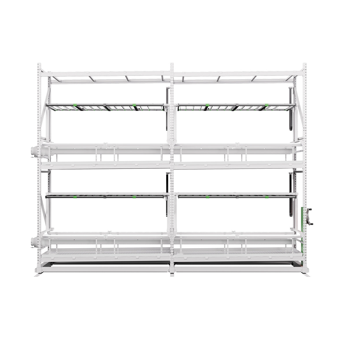 Mobile vertical grow rack system for efficient indoor farming with adjustable shelves and full-coverage lighting.