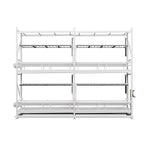 Mobile vertical grow rack system for efficient indoor farming with adjustable shelves and full-coverage lighting.