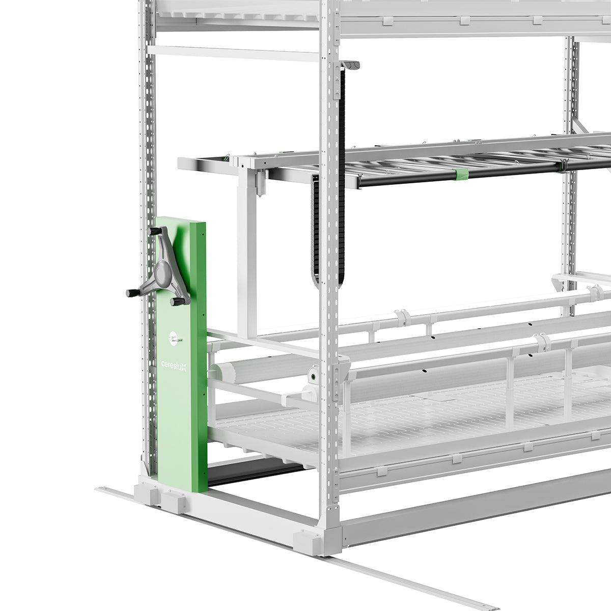 CeresLux mobile vertical grow rack system features mechanical assist for efficient indoor farming.