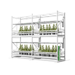 CeresLux mobile vertical grow rack system with plants in pots in a multi-tiered setup for indoor cultivation.