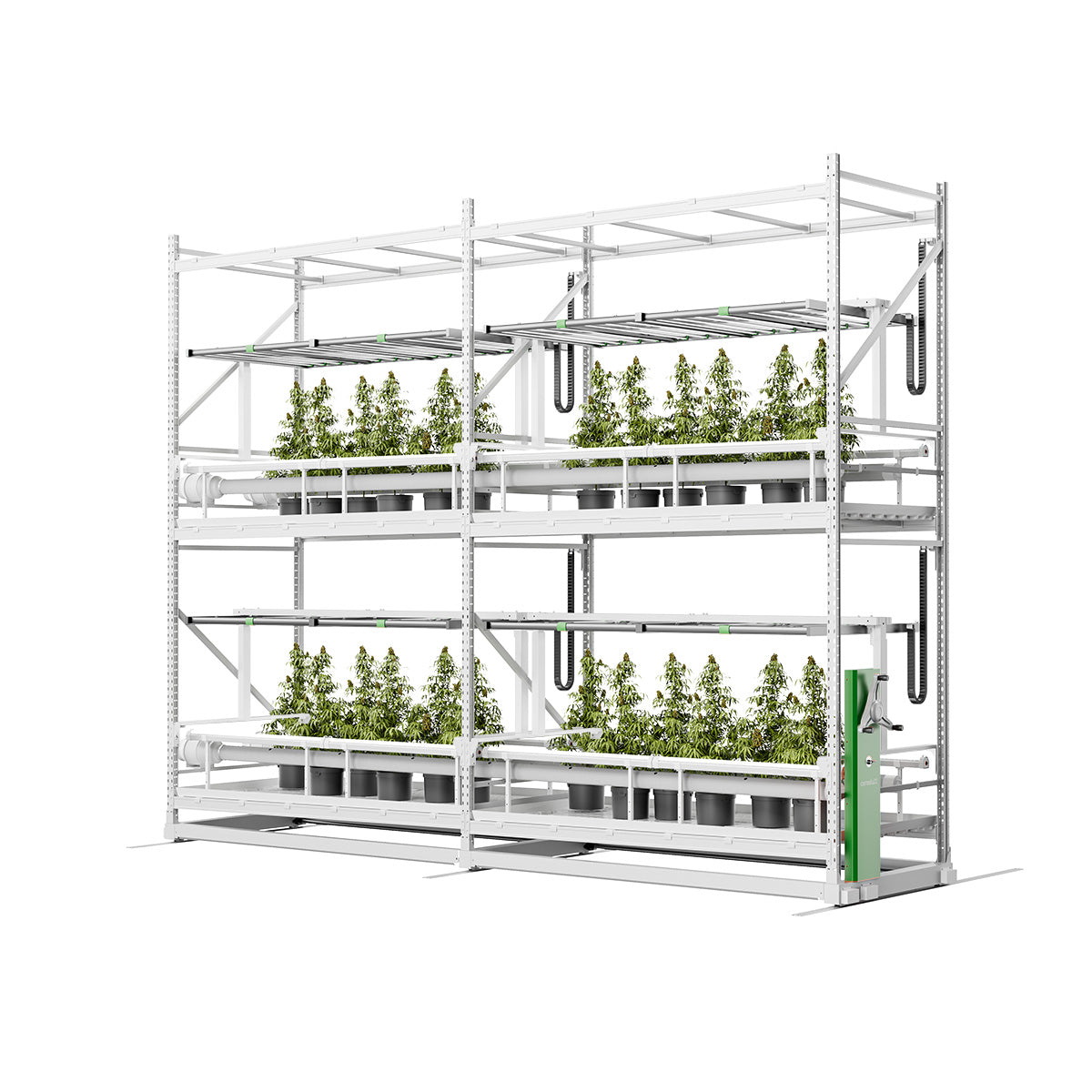 CeresLux mobile vertical grow rack system with plants in pots in a multi-tiered setup for indoor cultivation.