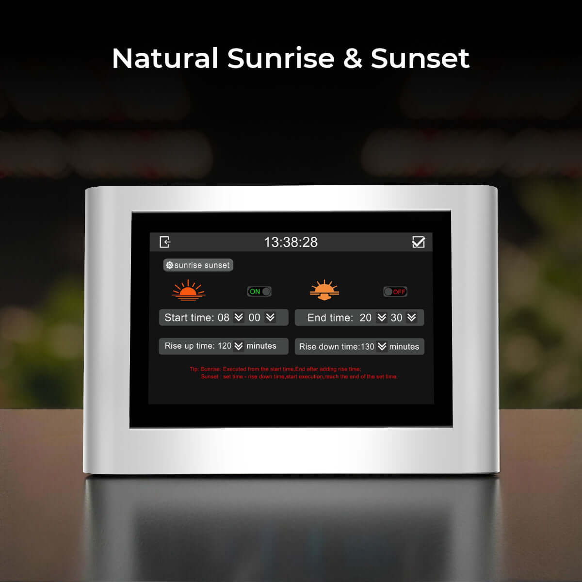 CeresLux LED grow light controller with timer displaying natural sunrise and sunset settings.