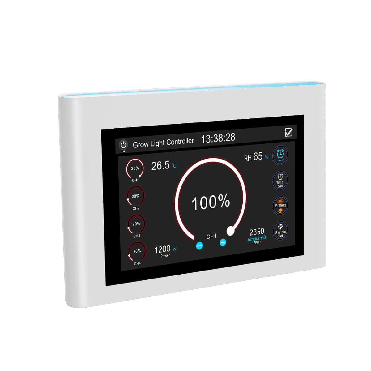 CeresLux LED grow light controller with timer showing digital display and adjustable settings for indoor gardening.