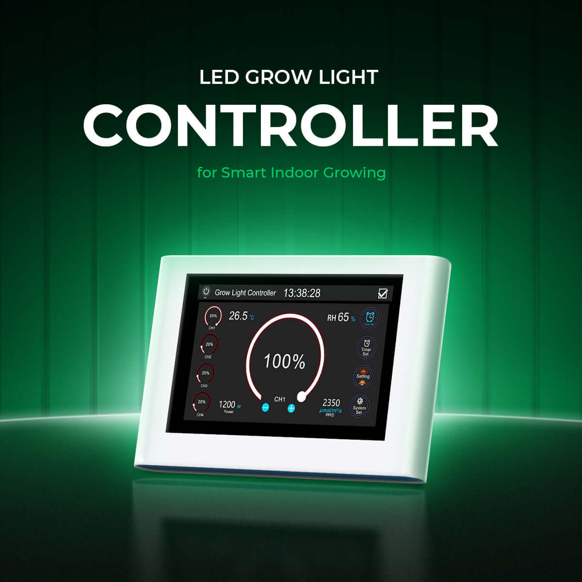 CeresLux LED grow light controller with timer for smart indoor growing, featuring an intuitive touchscreen interface.