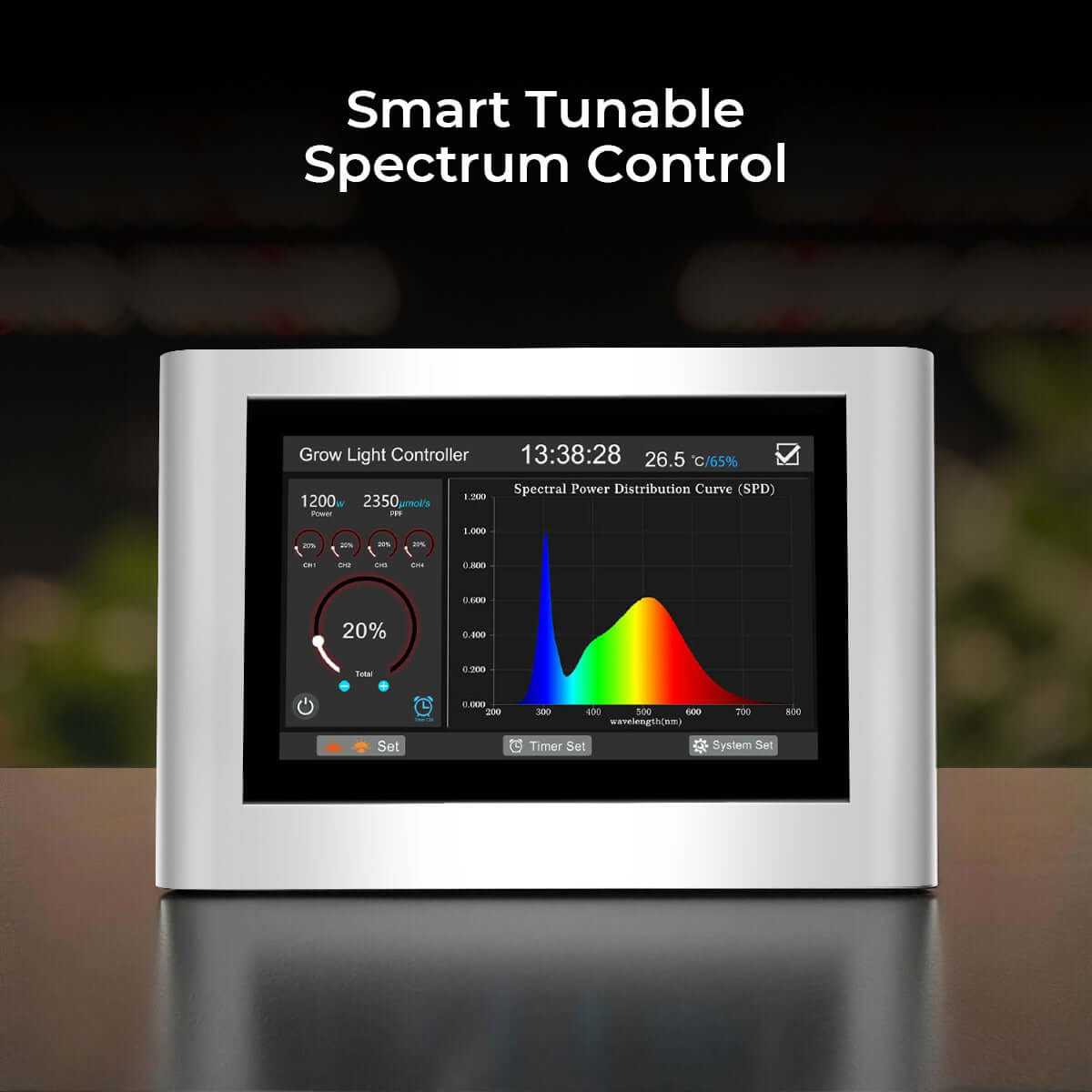CeresLux LED grow light controller with timer displaying smart tunable spectrum control features.