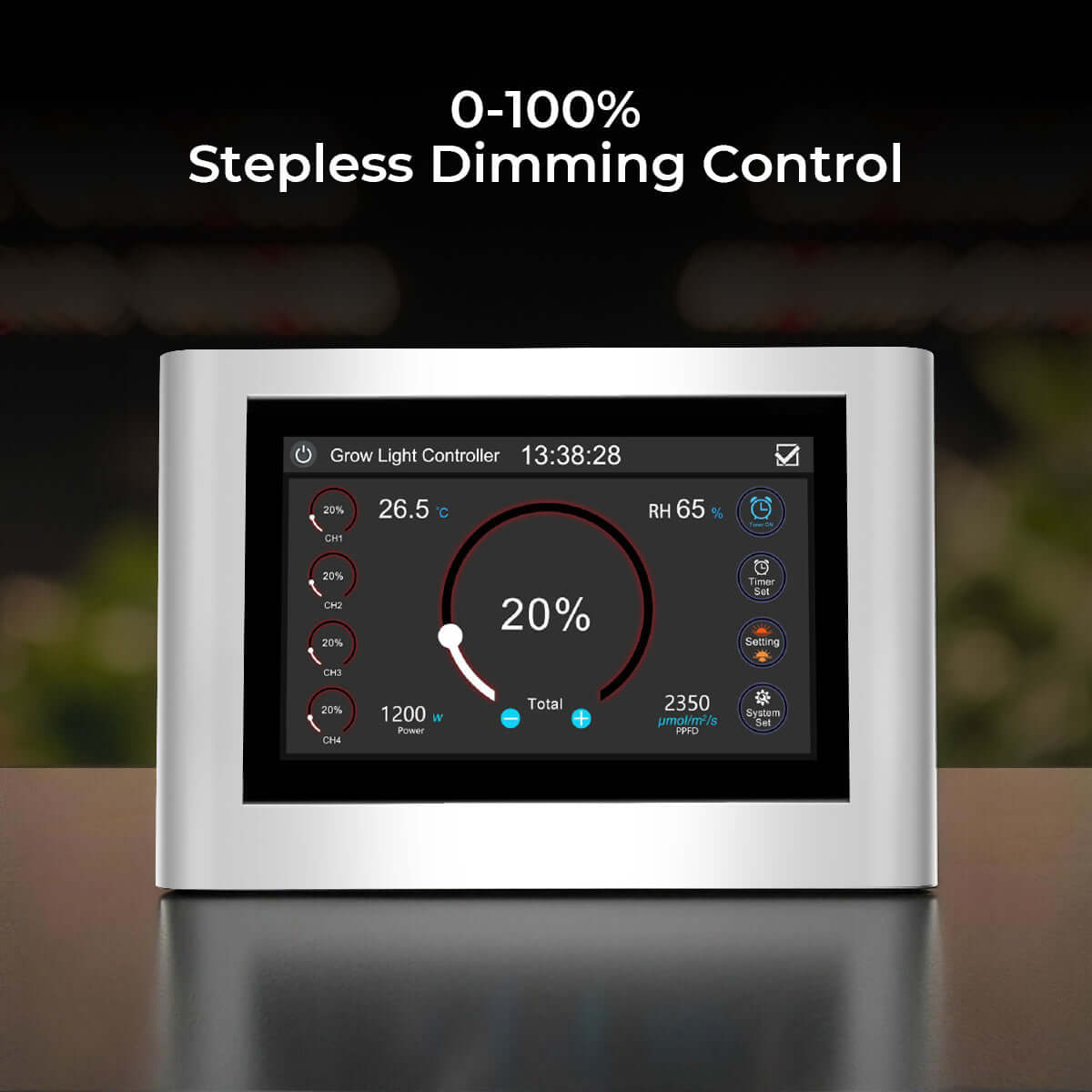 LED grow light controller with timer featuring 0-100% stepless dimming control and screen display.