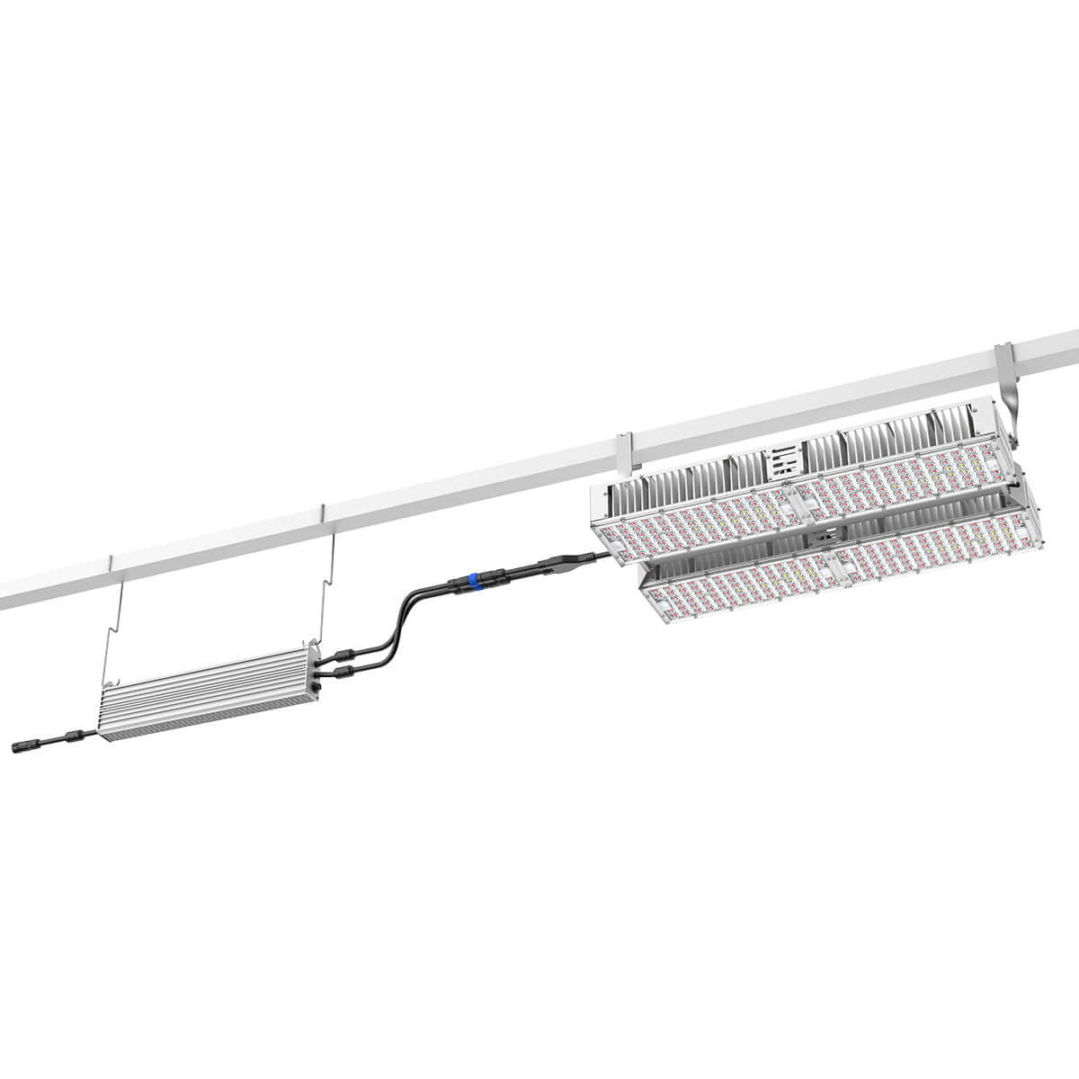 CeresLux Quadra 600W/1400W 4.0 µmol/J IP65 Full Spectrum LED Grow Light setup hanging from a track.