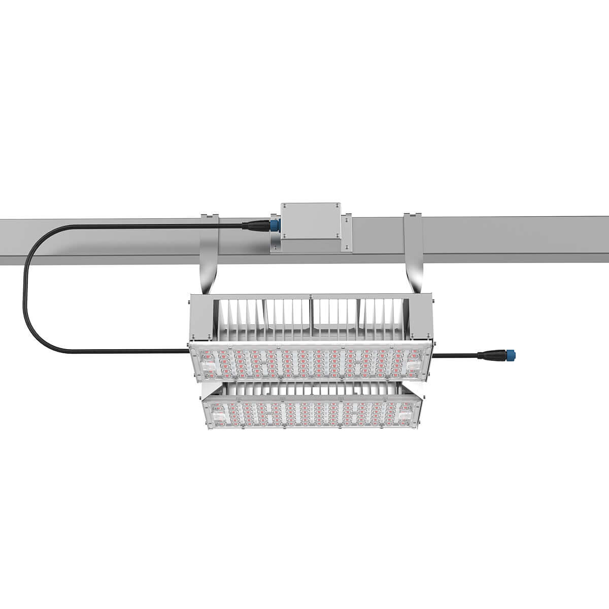 CeresLux Quadra 600W/1400W 4.0 µmol/J IP65 Full Spectrum LED Grow Light mounted on a rail.